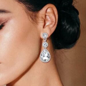 Clip On Silver Crystal Teardrop Earrings Bride Bridesmaids Prom Elegant Earrings